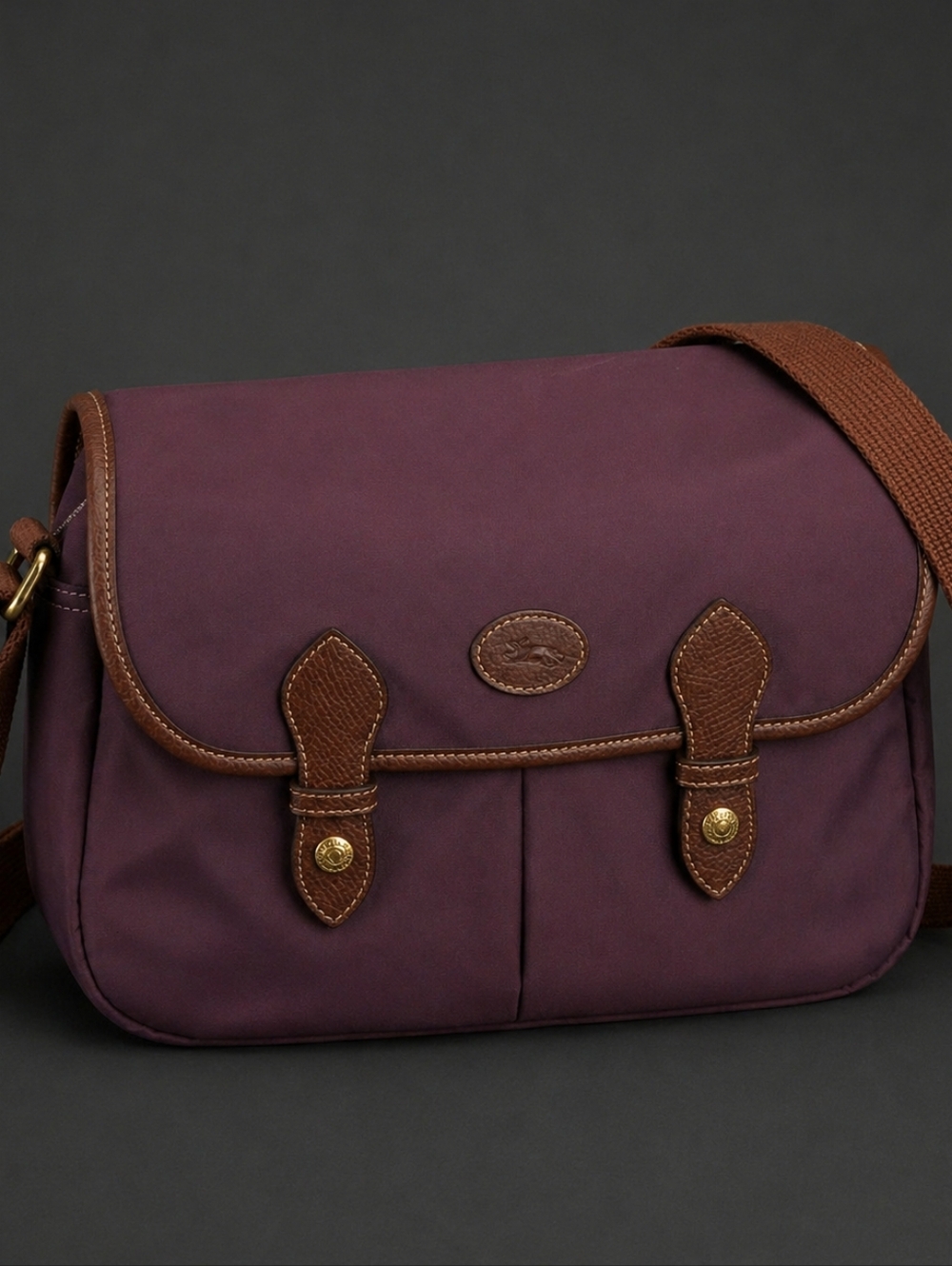 Longchamp Purple Messenger Bag with Brown Trim
